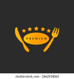 Premium Five Stars Gold Golden Knife And Fork Utensil Cookware Logo Icon Banner Badge Emblem Insignia Ribbon Vector Template