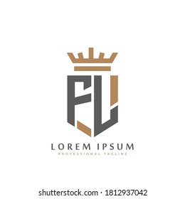 Premium FL Monogram of Two letters F&L. Flegant gold shield initials and crown geometric old retro graphic logo design. alphabet vector elements stock illustration.