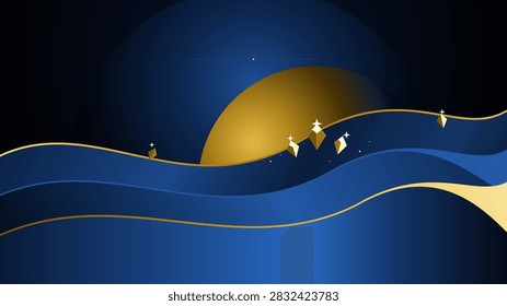 Premium flagship launch banner featuring deep undulating silk waves and gold crystal facets. Midnight Blue, Navy Blue and Gold color theme.