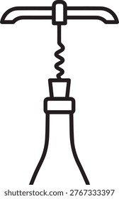 Premium Flat Black and  White Vector Icon Depicting a Corkscrew Extracting Wine from a Bottle – Perfect for Wine Industry, Food and  Beverage Brands, Restaurant Menus, Sommelier Guides, Bar