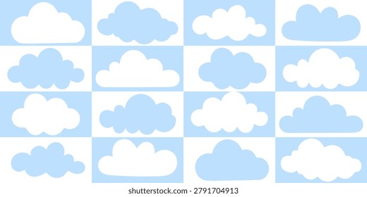 Premium Flat Cloud Shapes Elements Chart. Geometric Seamless Pattern Featuring Soft Blue and White Cartoon Clouds Icons. Perfect for Baby Boy Nursery Decor, Children Weather Forecasting Layouts, Greeting Cards, Creative Wallpaper Prints, Web Design Graphic Sets, and Minimalist Paper Wrap.
