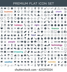 Premium flat icon set in vector format for business, finance and banking, shopping, food, technology, seasons and weather.