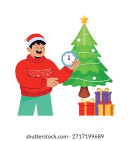 Ilustración plana de Premium de un hombre que sostiene el temporizador para la cuenta regresiva del año nuevo