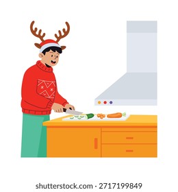 Ilustración plana de Premium de un hombre preparando comida festiva en la cocina durante las vacaciones de Navidad