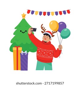 Ilustración plana de Premium del hombre tomando selfie durante las vacaciones de Navidad