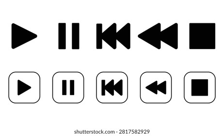 Premium flat media player buttons with play pause skip backward and stop functions for user interface and high quality digital design.