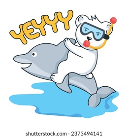 Premium-flacher Aufkleber eines Bären, der während der Delfinfahrt genussvoll ist 