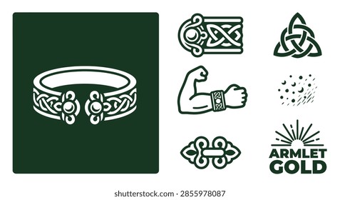 Premium flat vector icon collection showcasing Celtic armlet designs in deep forest green. Includes traditional knotwork, triquetra symbols, and bicep wear usage. Optimized for clean branding,  assets, and professional screen-printing applications.