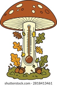 Premium flat vector illustration of a decorative rain gauge inspired by a woodland mushroom. A whimsical weather instrument featuring autumn leaves, moss, acorns, and a transparent measuring tube. Ideal for fall-themed designs, weather education, seasonal decorations, nature branding, and printable graphics.