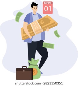 Premium flat vector illustration of an employee carrying a bundle of cash on payday. Ideal for salary payment, payroll, wages, financial management, business, banking, compensation, employee benefits, and personal finance projects.