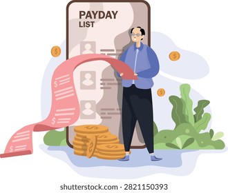 Premium flat vector illustration of an employee reviewing a payroll list on payday. Perfect for payroll management, salary processing, employee payments, HR administration, accounting, business finance, payroll records, and financial management concepts.