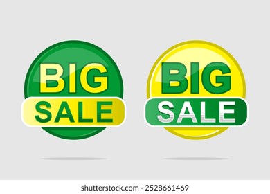 Premium Ilustración vectorial plana de Anuncio promocional, etiqueta, pegatina para ventas y descuentos especiales. Dos Variantes de color en verde y amarillo, aisladas en blanco, EPS editable para proyectos publicitarios