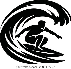 Premium flat vector illustration of a surfer inside a stylized ocean wave