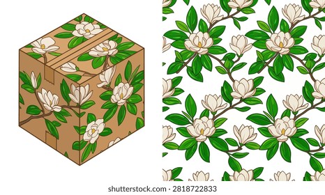 Premium floral packaging featuring large white flowers. Perfect for luxury cosmetics or high-end gift delivery branding solutions.