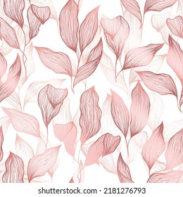 Premium floral pattern with bush leaves tree foliage in pink gold colors. Silk fabric print. Chic fashionable floral pattern bush leaves, tree branch foliage wallpaper. Silk textile print with plant