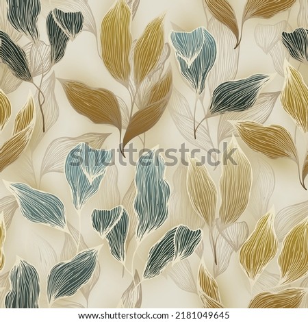 Premium floral pattern with bush leaves tree foliage in blue gold colors. Silk fabric print. Chic fashionable floral pattern, bush leaves, tree branch foliage wallpaper. Silk textile print with plant 
