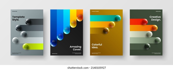 Premium flyer A4 design vector template collection. Colorful 3D balls annual report illustration composition.