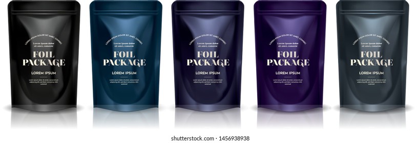 Premium Foil Food Pouch Bag Packaging With Zipper Set. Illustration Isolated On White Background. Mock Up, Mockup Template Vector 
