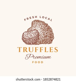 Premium Food Abstract Sign, Symbol or Logo Template. Hand Drawn Truffle Mushrooms with Typography. Edible Plant Vector Emblem Concept. Isolated.