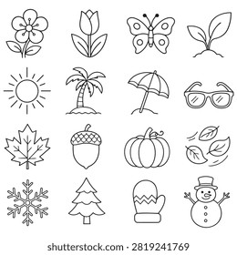 Premium Four Seasons Vector Icon Set featuring 16 clean minimalist outline icons representing Spring, Summer, Autumn, and Winter. Includes flowers, leaves, sun, snowflakes, pumpkins, butterflies, palm trees, pine trees, and other seasonal symbols. Designed with consistent monoline strokes, scalable vector paths, and a modern style. Perfect for weather apps, calendars, education, branding, web UI, mobile apps, infographics, print, and commercial micro stock use. Fully editable vector files isolated on a white background.