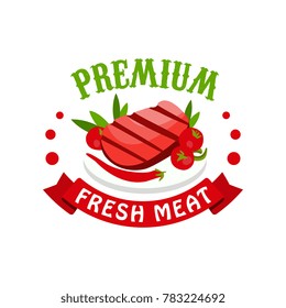 Premium fresh meat logo template, badge for butcher shop, farmer market, restaurant, cafe, packaging colorful vector Illustration