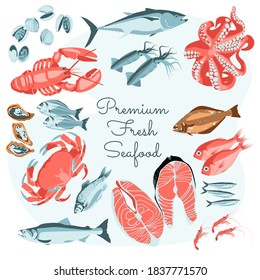 Premium fresh seafood banner template. Organic healthy nutritious sea fishes and creatures. Fish market, store, seafood products, packaging, restaurant menu design cartoon vector illustration