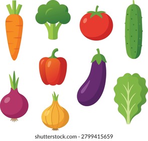 Premium fresh vegetables set vector illustration featuring carrot, broccoli, tomato, cucumber, onion, bell pepper, eggplant, and lettuce