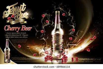 Premium fruit beer with cherries and floating drink in 3d illustration, isolated on dark background