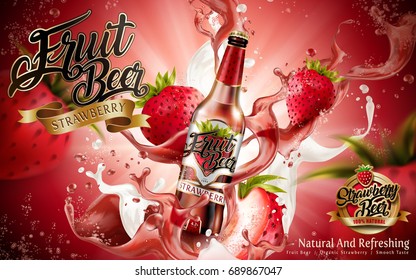 Premium fruit beer with strawberries and splashing drink in 3d illustration