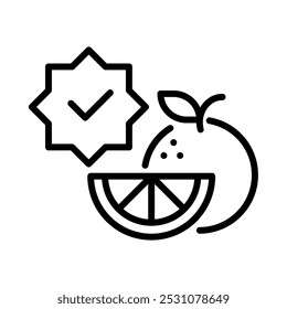 Ícone de fruta premium, laranja com rótulo de estrela. Estilo da estrutura de tópicos. Vetor. Isolar no fundo branco.