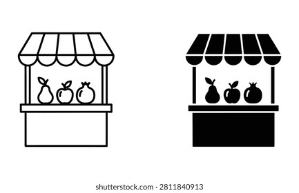 Premium Fruit market stall icon set with outline and solid glyph design elements Vector Icon