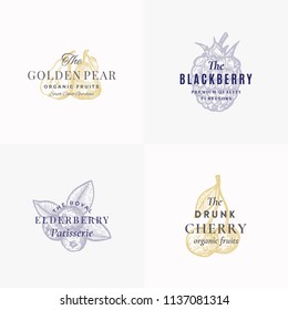 Premium Fruits and Berries Abstract Vector Signs, Symbols or Logo Templates Set. Hand Drawn Apple, Pear, Blackberry, Elderberry and Cherry Sketches with Retro Typography. Vintage Emblems. Isolated.