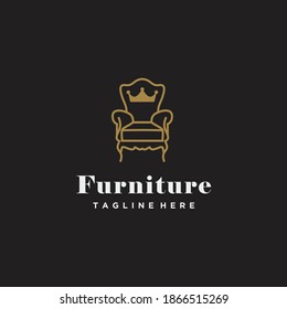 Premium furniture logo. Luxury interior design logotype symbol. Style line art royal king chair icon sign.