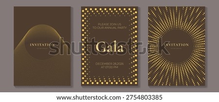 Premium gala invitation card set vector. Golden line patterns on dark brown background with minimal typography and elegant event template designs.