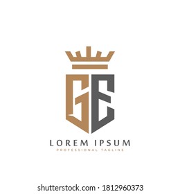 Premium GE Monogram of Two letters G&E. Elegant gold shield initials and crown geometric old retro graphic logo design. alphabet vector elements stock illustration.