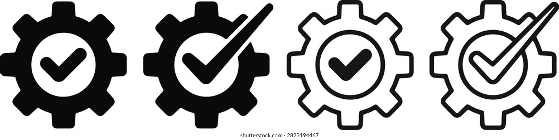 Premium Gear Checkmark Icon Set Featuring Quality Assurance and Approved Settings Symbols, High Quality Vector Illustration