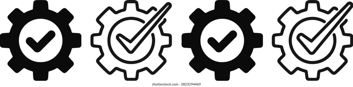 Premium Gear Checkmark Icon Set Featuring Quality Assurance and Approved Settings Symbols, High Quality Vector Illustration