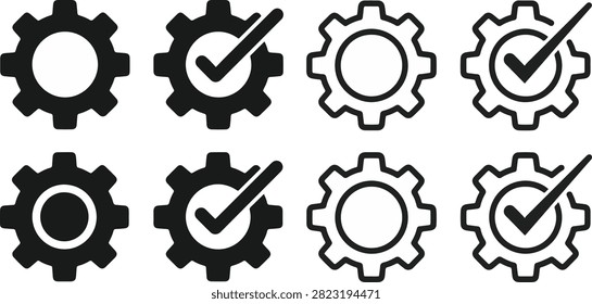 Premium Gear Checkmark Icon Set Featuring Quality Assurance and Approved Settings Symbols, High Quality Vector Illustration
