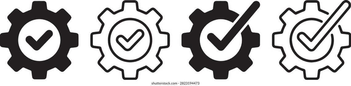 Premium Gear Checkmark Icon Set Featuring Quality Assurance and Approved Settings Symbols, High Quality Vector Illustration