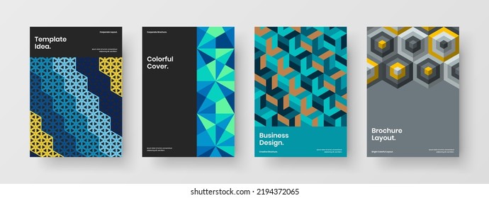 Premium geometric hexagons pamphlet layout set. Bright corporate identity vector design template collection.