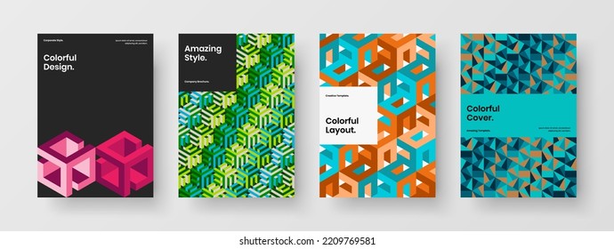 Premium geometric pattern company brochure template collection. Amazing corporate cover A4 vector design layout set.