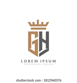 Premium GH Monogram of Two letters G&H. Elegant gold shield initials and crown geometric old retro graphic logo design. alphabet vector elements stock illustration.