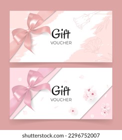 Premium Gift Card Set with Ribbon Bow, Elegant Vector Template for Business Promotion and Special Offer, Realistic Silk Satin Texture, Gift Voucher Discount Luxury Design in Pink colors 