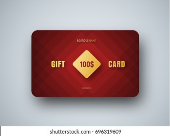 Premium gift card template with a golden square and text on a red abstract background. Minimalist design for a store or boutique. Vector illustration