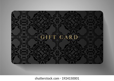 Premium Gift card with vintage curve ornament (pattern) on black background. Luxury dark vector template for shopping card, invite design, coupon