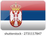 Premium glossy flag icon of the Republic of Serbia (Republika Srbija). Featuring red, blue and white tricolor with the coat of arms. Represents Serbian national identity and Balkan heritage