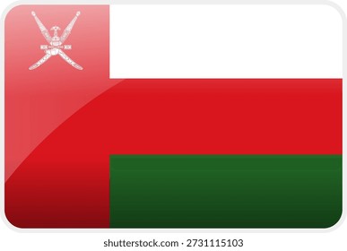 Premium glossy flag icon of the Sultanate of Oman. Featuring the national emblem of a Khanjar and swords. Represents Omani culture, history and Middle Eastern heritage in a glossy button