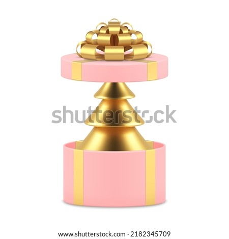 Premium glossy golden Christmas tree in open festive pink polygonal gift box realistic 3d icon vector illustration. Bright luxury Xmas spruce hiding in present container pack winter holiday celebrate
