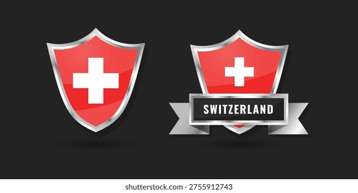 Premium glossy silver shield icons featuring the national flag of Switzerland. Includes a separate version with a metallic nameplate ribbon. High-quality vector graphics for maps.