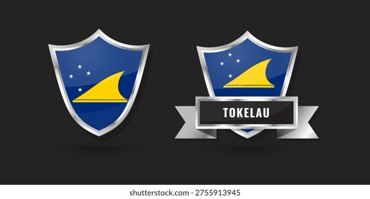 Premium glossy silver shield icons featuring the flag of Tokelau. Professional vector badge set for Tokelauan symbols and territorial identity for Pacific island themes.